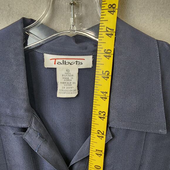 Talbots 100% Silk Navy Shirt Dress Size 10 Collared Button Front Pocket Pleated - Picture 7 of 10